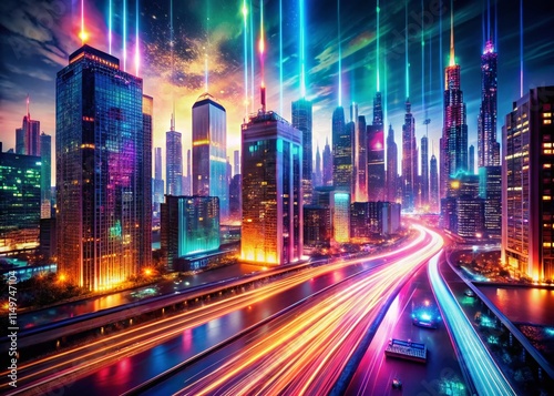 Surreal Digital Cityscape: Binary Code Light Trails - Futuristic Neon City Art
