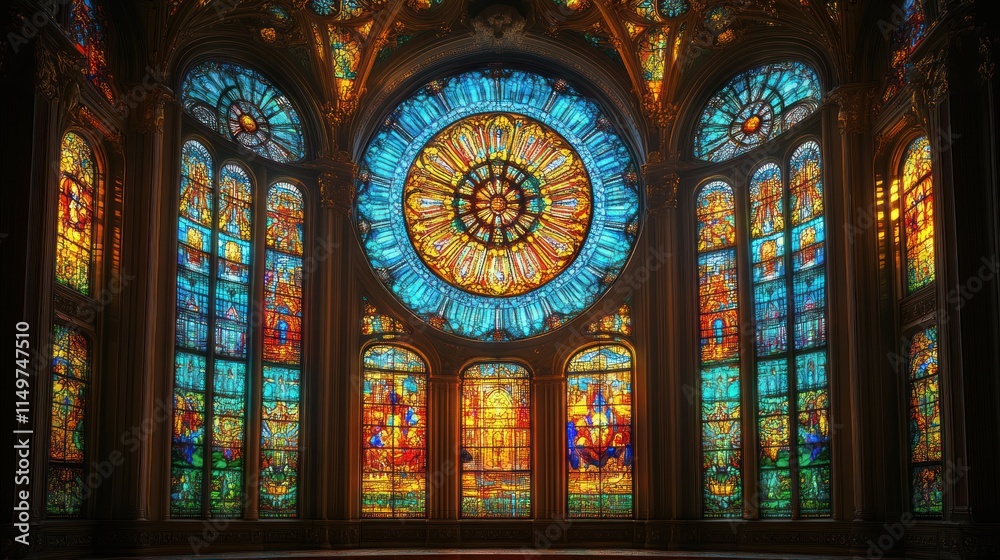 Obraz premium Ornate stained-glass window, vibrant colors, religious imagery.