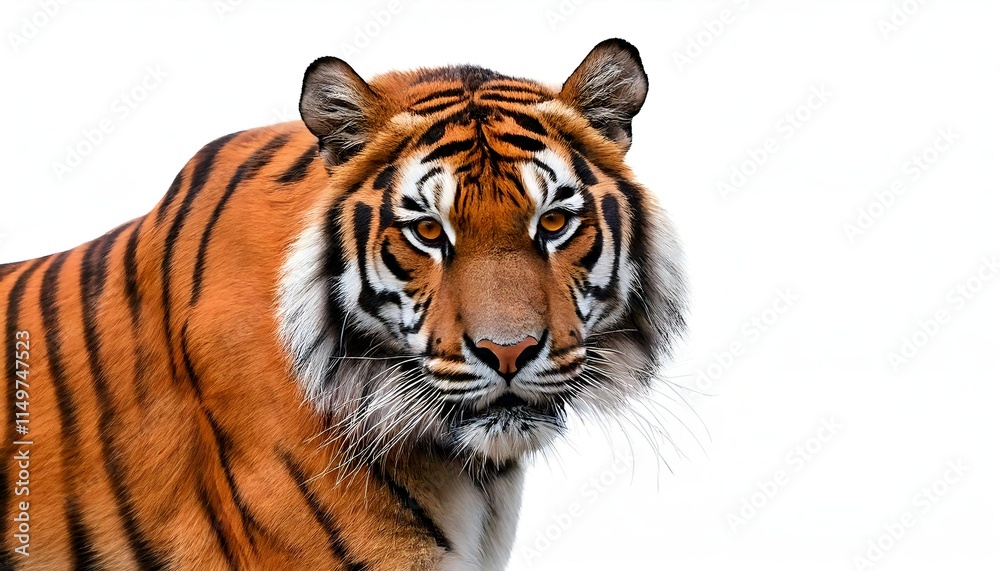 Fototapeta premium A tiger in full growth and isolated on white, showcasing strength and beauty, powerful wild animal in full display
