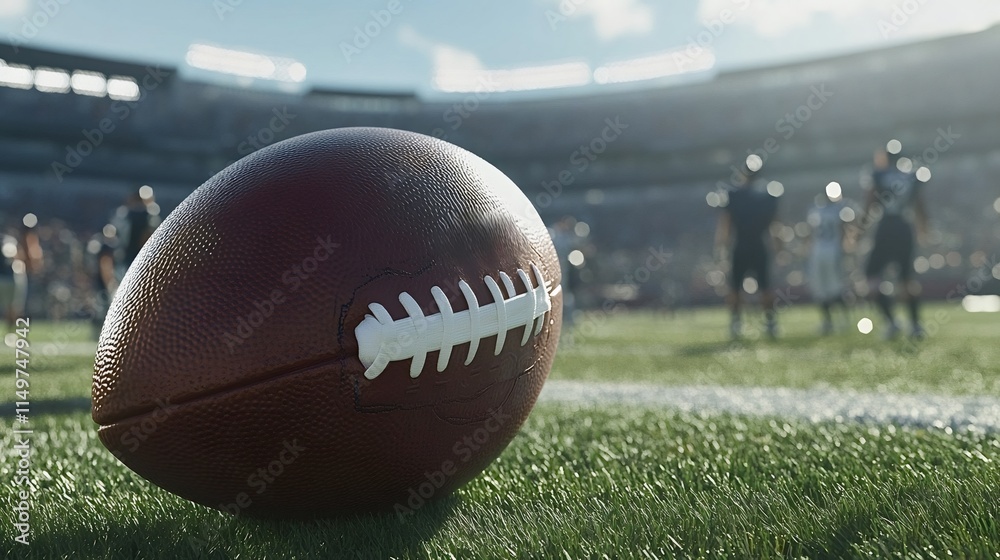 Classic leather football resting on the grass field of a large stadium, with players training in the background, creating a vibrant atmosphere on a sunny day