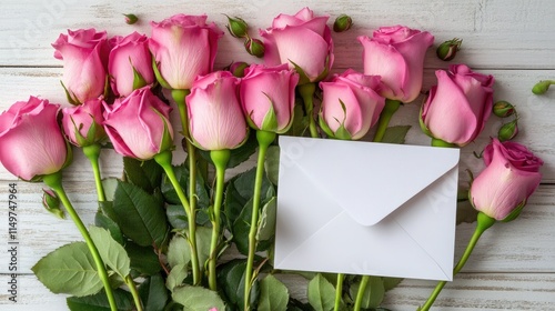 Blank white greeting card paired with a bouquet of pink roses and an envelope, surrounded by floral buds on a wooden white background.