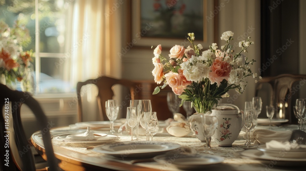 Blooming flowers and chic tableware adorn a stylish dining table, perfect for an elegant and welcoming dining experience Blooming flowers and chic tableware adorn a stylish dining table, perfect for an elegant and welcoming dining experience