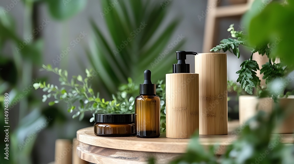Amber bottles bamboo dispensers showcase natural skincare products in a serene plant-filled setting. Amber bottles bamboo dispensers showcase natural skincare products in a serene plant-filled setting.