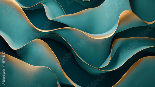 Fluid 3D abstract composition with soft, curved organic shapes in shades of deep teal and gold, interwoven with glowing lines, creating a sense of motion