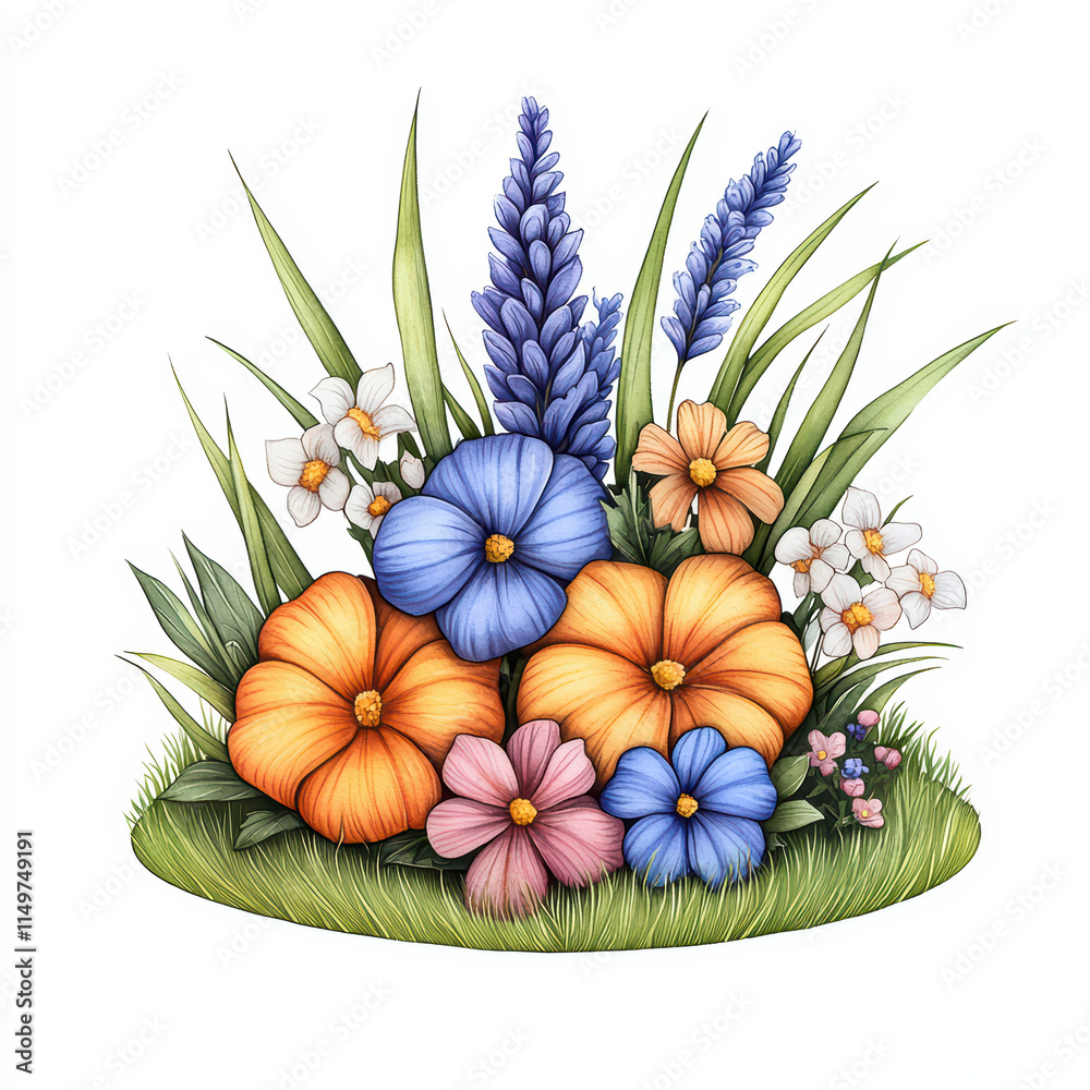 Fototapeta premium Beautiful watercolor of colorful flowers and green grass