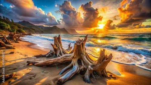 Surreal Driftwood Sculptures on Kauai's Lydgate Beach: Ethereal Coastal Fantasy photo