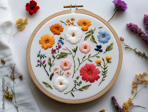 Tambour de broderie avec un ouvrage de type fleurs des champs brodées de toutes les couleurs : loisir travaux d'aiguilles, passion broderie artisanale photo