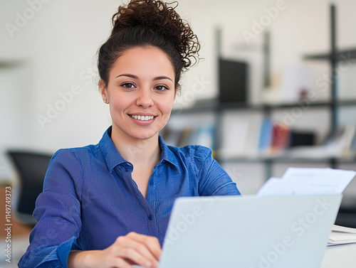 Portrait d'une travailleuse de bureau : jeune femme en tenue professionnelle assise devant un ordinateur, assistante de direction, chef de projet, cadre administratif, juriste, RH au travail photo