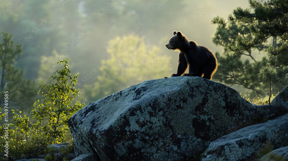 A bear cub climbing over a granite boulder, with the soft glow of lichen and early morning mist creating a serene and playful atmosphere. A bear cub climbing over a granite boulder, with the soft glow of lichen and early morning mist creating a serene and playful atmosphere.