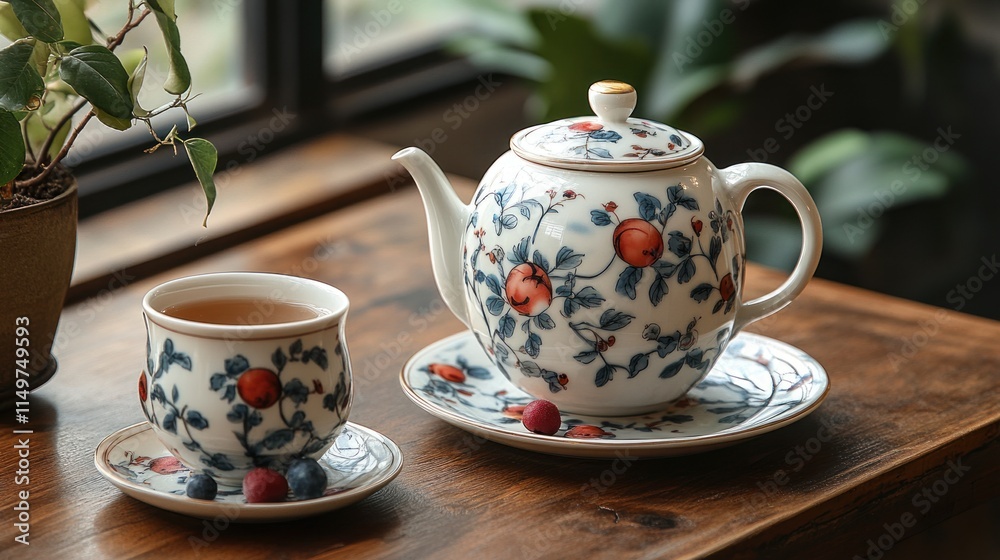 Ornate teapot, teacup, berries, wooden table. Ornate teapot, teacup, berries, wooden table.