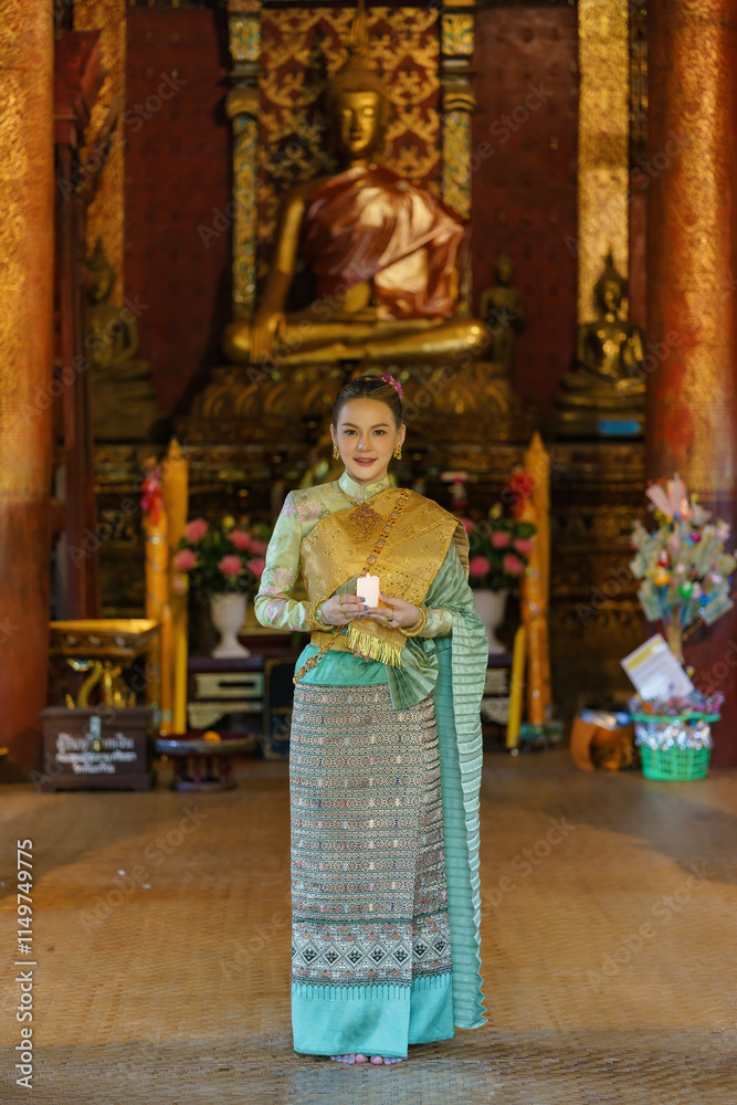 Fototapeta premium A gracefully dressed Thai woman stands serenely in the temple, illuminating the space with a flickering candle.