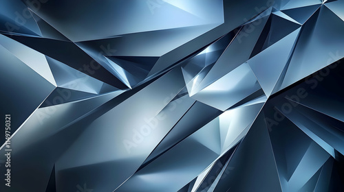 Geometric 3D abstract background with sharp, angular elements, metallic textures, and dynamic lighting effects, creating a futuristic, high-tech feel