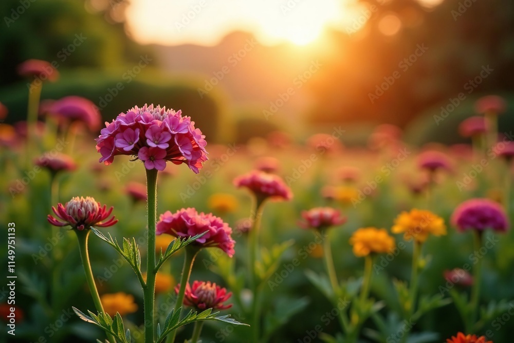 Fototapeta premium Achillea collina blooms in the late afternoon sun casting a warm glow over the surrounding landscape, herb garden, warm glow, natural landscape
