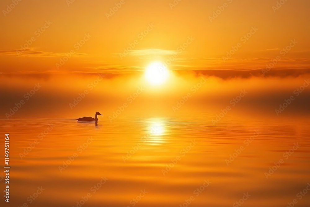 Majestic Sunrise Over Calm Water with a Solitary Swan Gliding Through the Golden Glow of Early Morning, Creating a Tranquil Scene of Nature's Beauty Majestic Sunrise Over Calm Water with a Solitary Swan Gliding Through the Golden Glow of Early Morning, Creating a Tranquil Scene of Nature's Beauty
