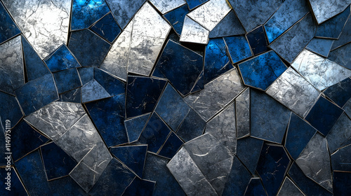 Geometric 3D abstract design with fragmented, angular shapes, metallic textures, and gradients of dark blue and silver, producing a bold, high-tech aesthetic photo