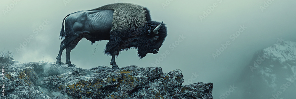 Obraz premium A bison standing on a granite outcrop, its dark figure contrasting with the soft lichen and light mist rising from below. 