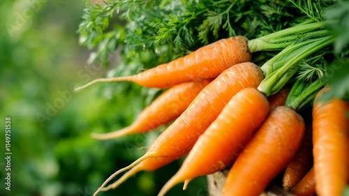 Gathering a bunch of bright orange carrots with lush green tops in a lively garden. The atmosphere is sunny, highlighting the freshness of the produce. This activity showcases the joy of gardening.