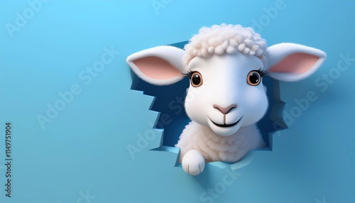 3d Cartoon sweet Easter lamb poster peeking out of a hole in the blue clean wall background photo