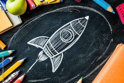 Back-to-school rocket ship drawing on a chalkboard.