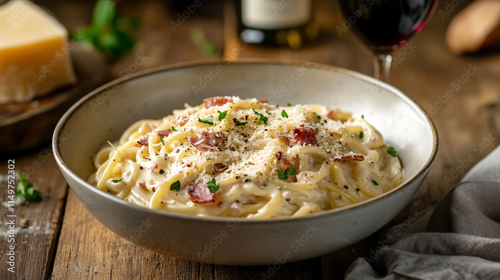 A bowl of creamy pasta carbonara, sprinkled with crispy bacon, freshly grated parmesan, and black pepper, set on a rustic table with a glass of wine in the background. A bowl of creamy pasta carbonara, sprinkled with crispy bacon, freshly grated parmesan, and black pepper, set on a rustic table with a glass of wine in the background.