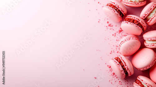 Pink Macarons on Pink Background with Crumbs