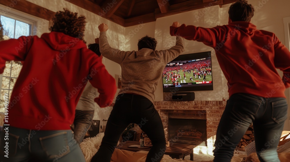 A group of diverse friends jumping in celebration during a touchdown, with a TV displaying the Super Bowl game in the background, creating a lively moment