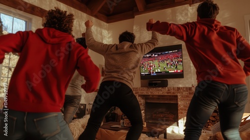 Obraz na płótnie A group of diverse friends jumping in celebration during a touchdown, with a TV displaying the Super Bowl game in the background, creating a lively moment w salonie