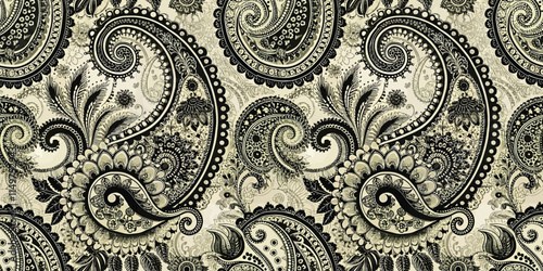 Intricate black and white paisley pattern with botanical motifs.