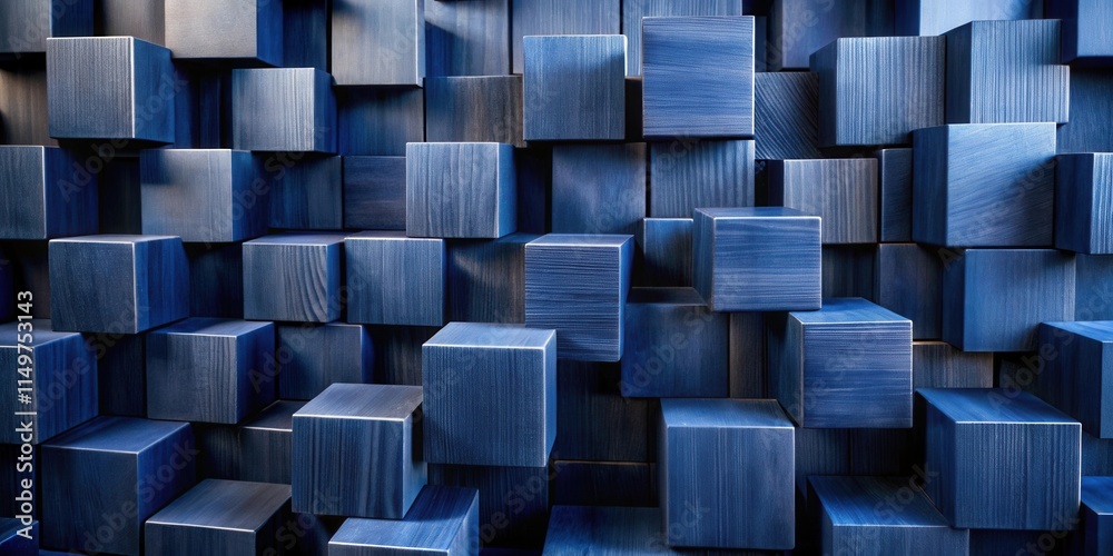 Fototapeta premium A wall of stacked blue wooden cubes with intricate grain patterns, creating a captivating geometric abstract background.