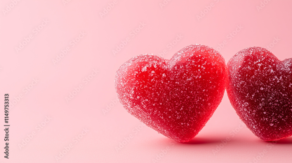 Fototapeta premium Two Red Sugar-Coated Heart-Shaped Candies on Pink Background