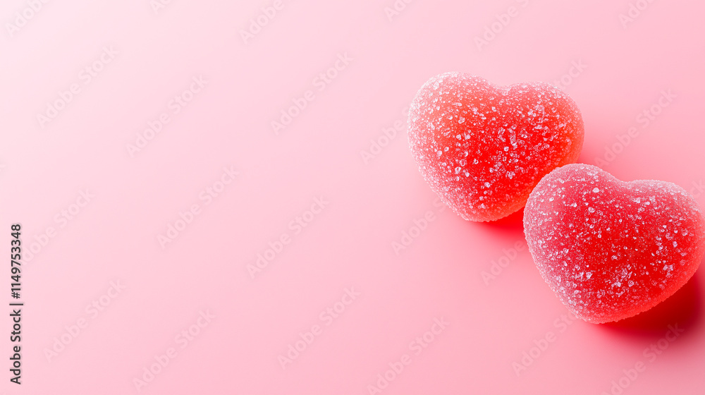 Obraz premium Two Sugar-Coated Heart-Shaped Gumdrops on Pink Background