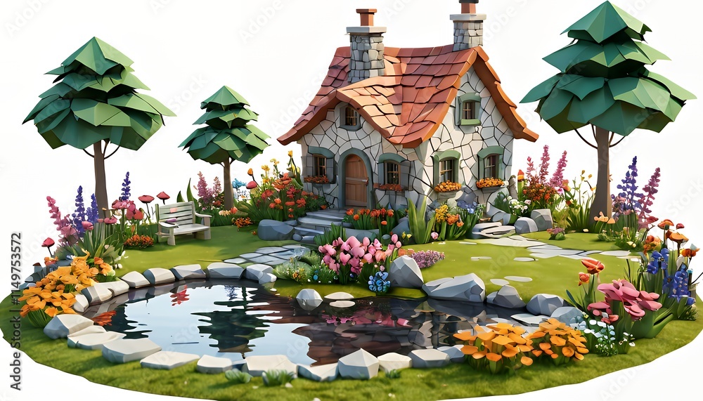 Obraz premium Charming Stone Cottage Low Poly Garden Pond Scene