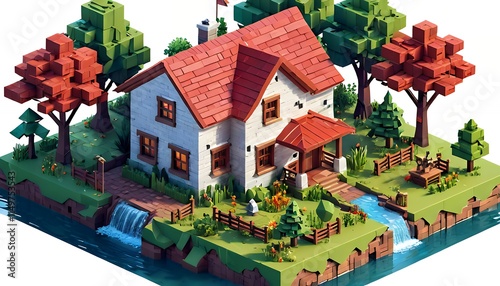 Low Poly Cottage River Scene Autumn Trees Blocky Style photo