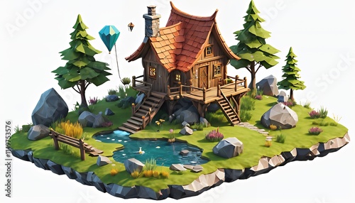 Low Poly Wooden Cottage Lakeside Scene Idyllic Landscape Design photo