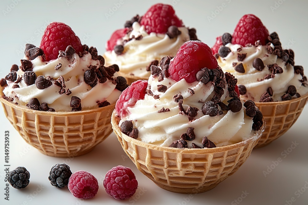 Delicious Raspberry and Chocolate Ice Cream in Waffle Cones Delicious Raspberry and Chocolate Ice Cream in Waffle Cones