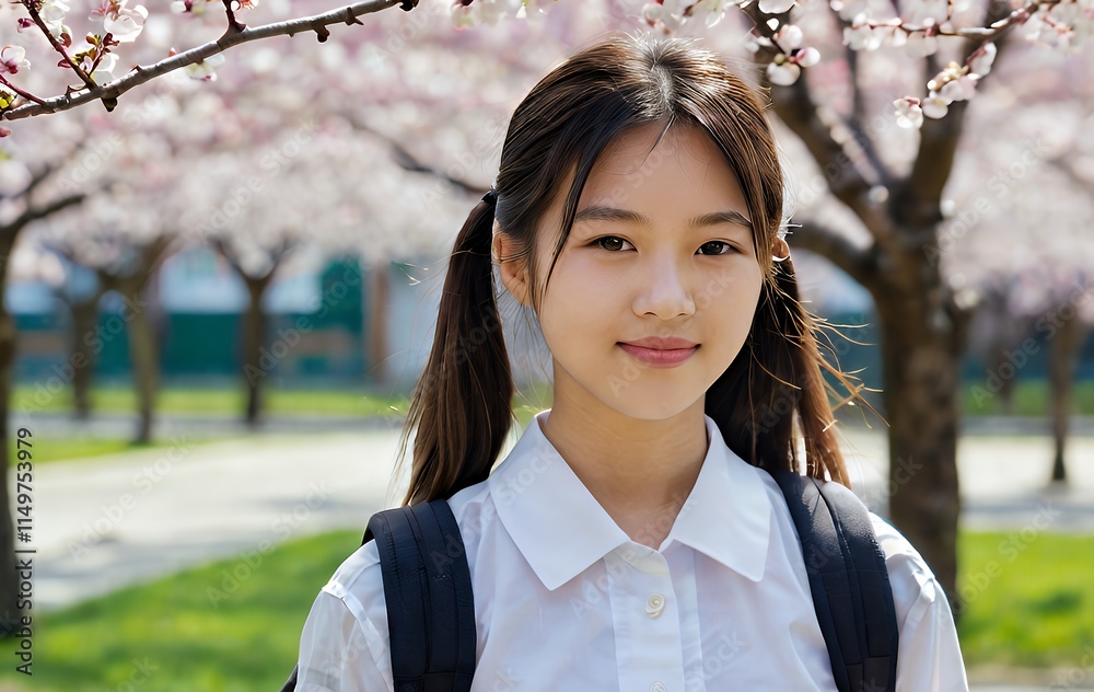 Smiling Asian Girl Cherry Blossoms Spring Backpack School Uniform Smiling Asian Girl Cherry Blossoms Spring Backpack School Uniform