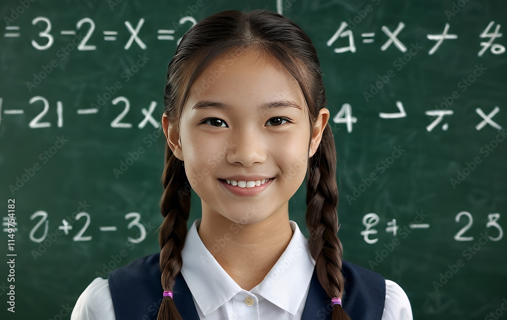 Smiling Girl Student School Uniform Blackboard Math Equations Smiling Girl Student School Uniform Blackboard Math Equations