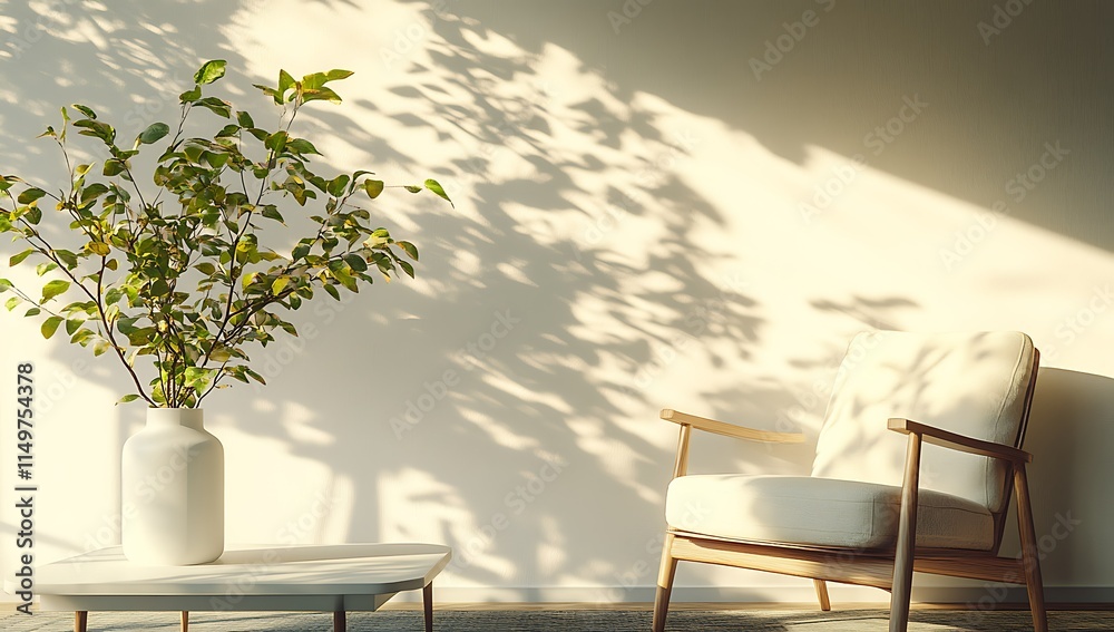 Fototapeta premium Sunlit room interior with armchair, table, and plant.