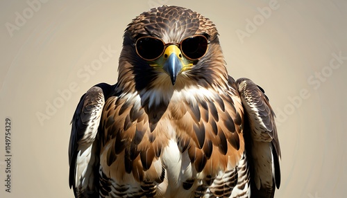 Cool Hawk Wearing Sunglasses Brown Feathered Bird Neutral Background photo