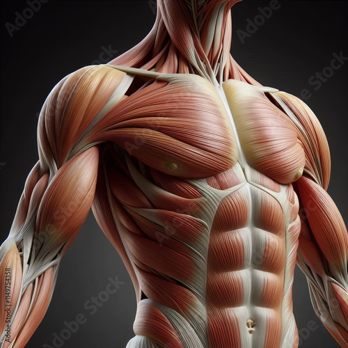 High-quality 3D anatomical rendering of the human torso highlighting the muscular structure and fibers. Ideal for medical, educational, or fitness purposes.. AI Generation