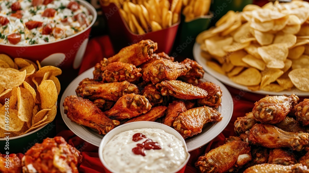 A festive Super Bowl Sunday table setup with snacks like wings, chips, and dip, surrounded by fans' jerseys and football decorations, creating a vibrant party atmosphere A festive Super Bowl Sunday table setup with snacks like wings, chips, and dip, surrounded by fans' jerseys and football decorations, creating a vibrant party atmosphere