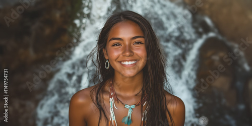 Beautiful young native American woman happy and smiling in wild nature, copy space on waterfalls in the background
