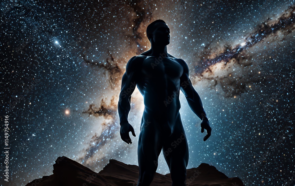 Fototapeta premium Muscular Man Silhouette Cosmic Background Starry Night Landscape