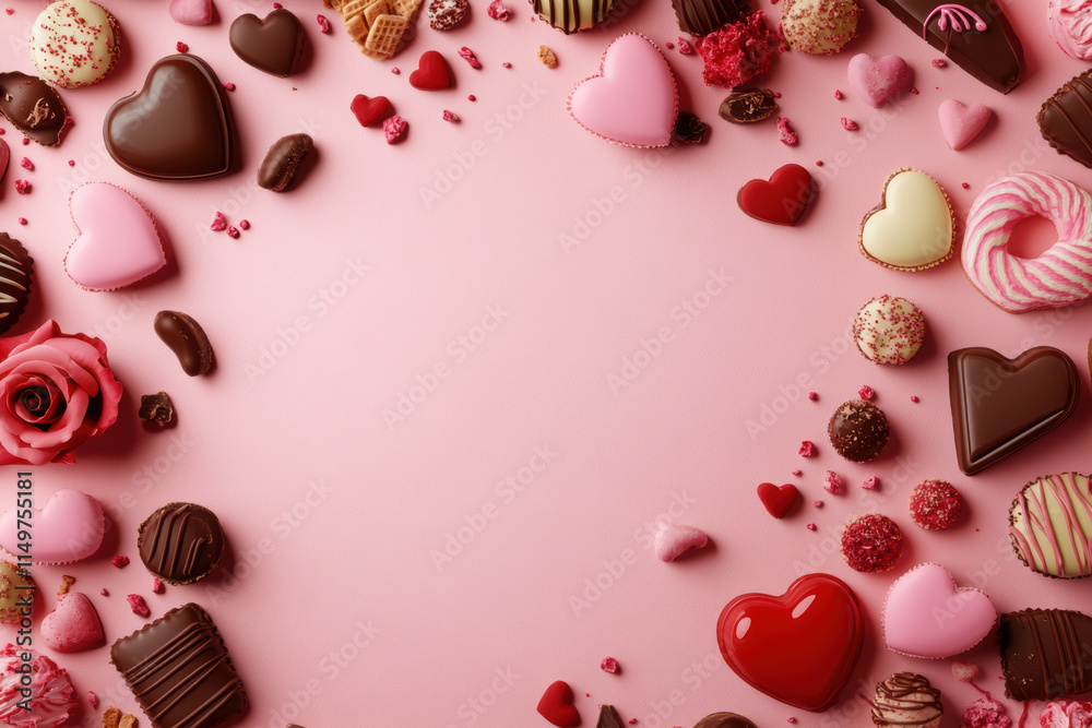 Heart shaped cho tes and candies on pink background Heart shaped cho tes and candies on pink background