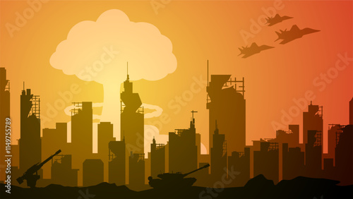 Landscape illustration of war with nuclear explosion in destroyed city