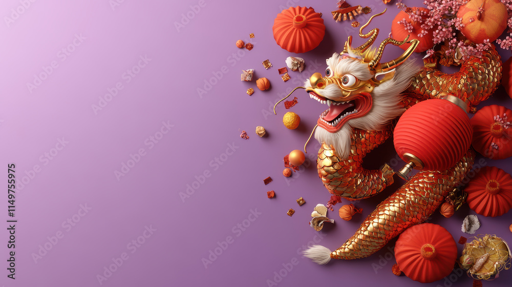 Naklejka premium Golden dragon with lanterns on purple festive background