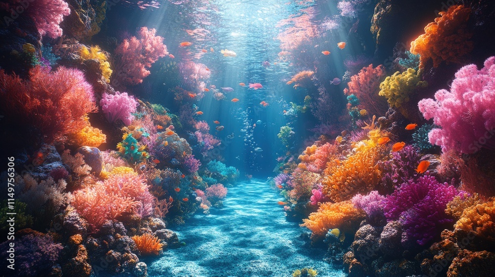 Fototapeta premium Vibrant coral reef, colorful fish, sunlit ocean.
