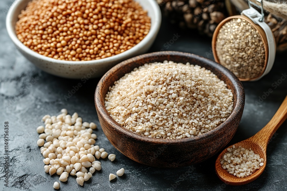 Close-up of various grains in wooden and white bowls on a dark surface. Close-up of various grains in wooden and white bowls on a dark surface.