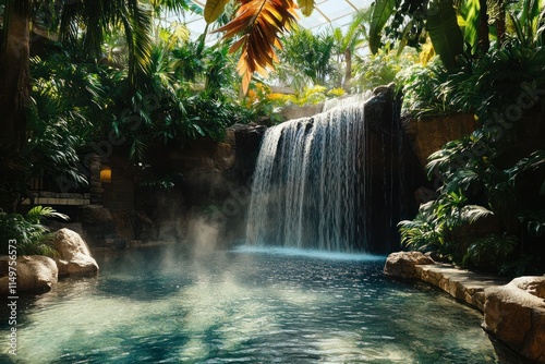 Tranquil Indoor Waterfall Surrounded by Lush Greenery in Exotic Tropical Garden Featuring Crystal Clear Waters and Vibrant Plant Life