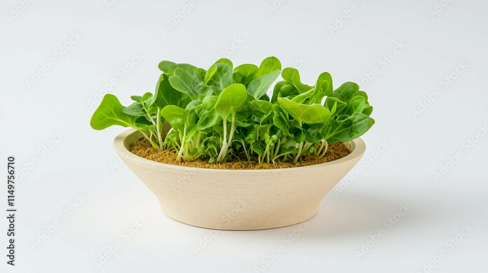 Fresh Green Sprouts Growing in Wooden Bowl on White Background Fresh Green Sprouts Growing in Wooden Bowl on White Background